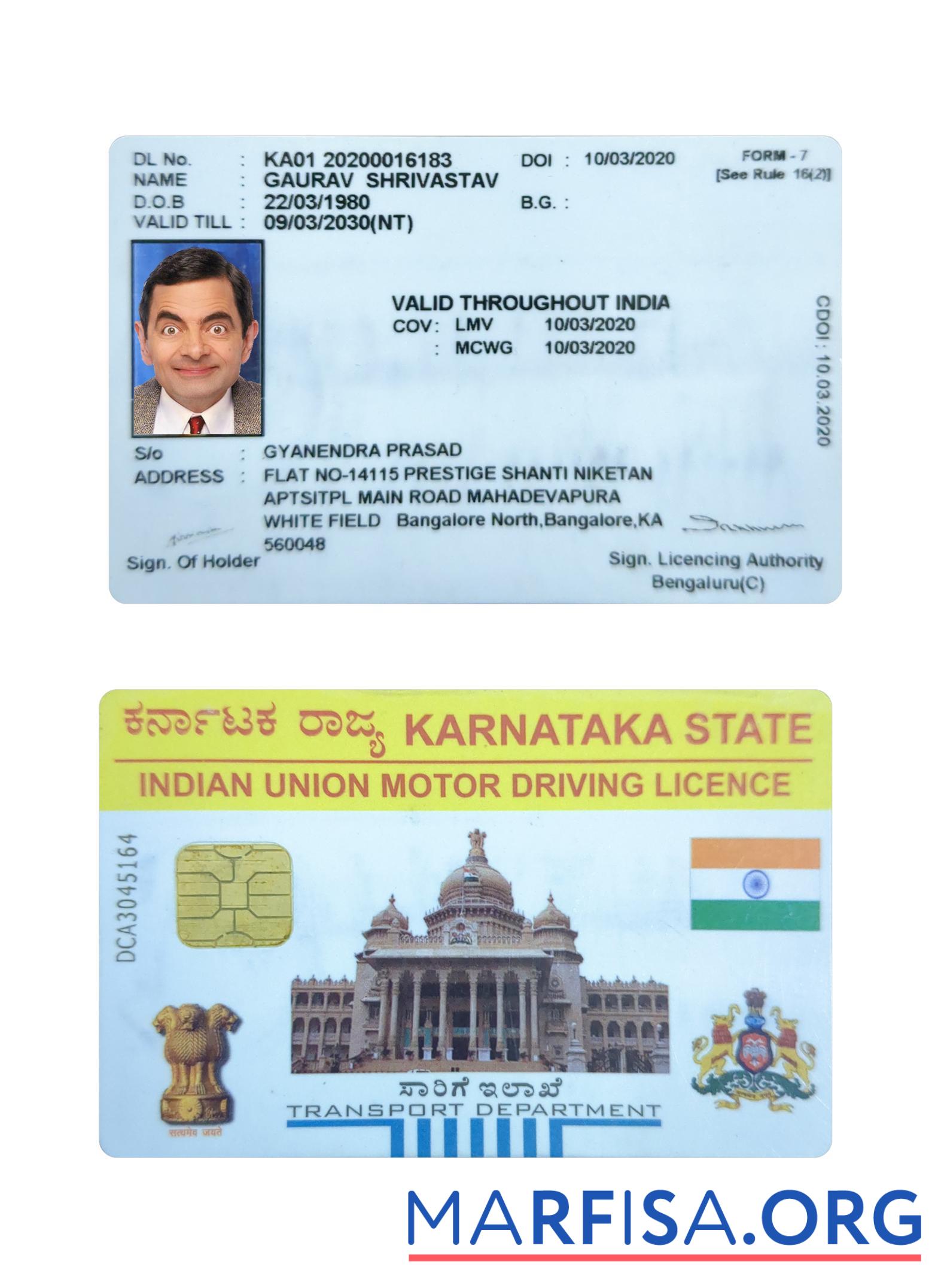 Downloadable India Karnataka state motor driving license sample
